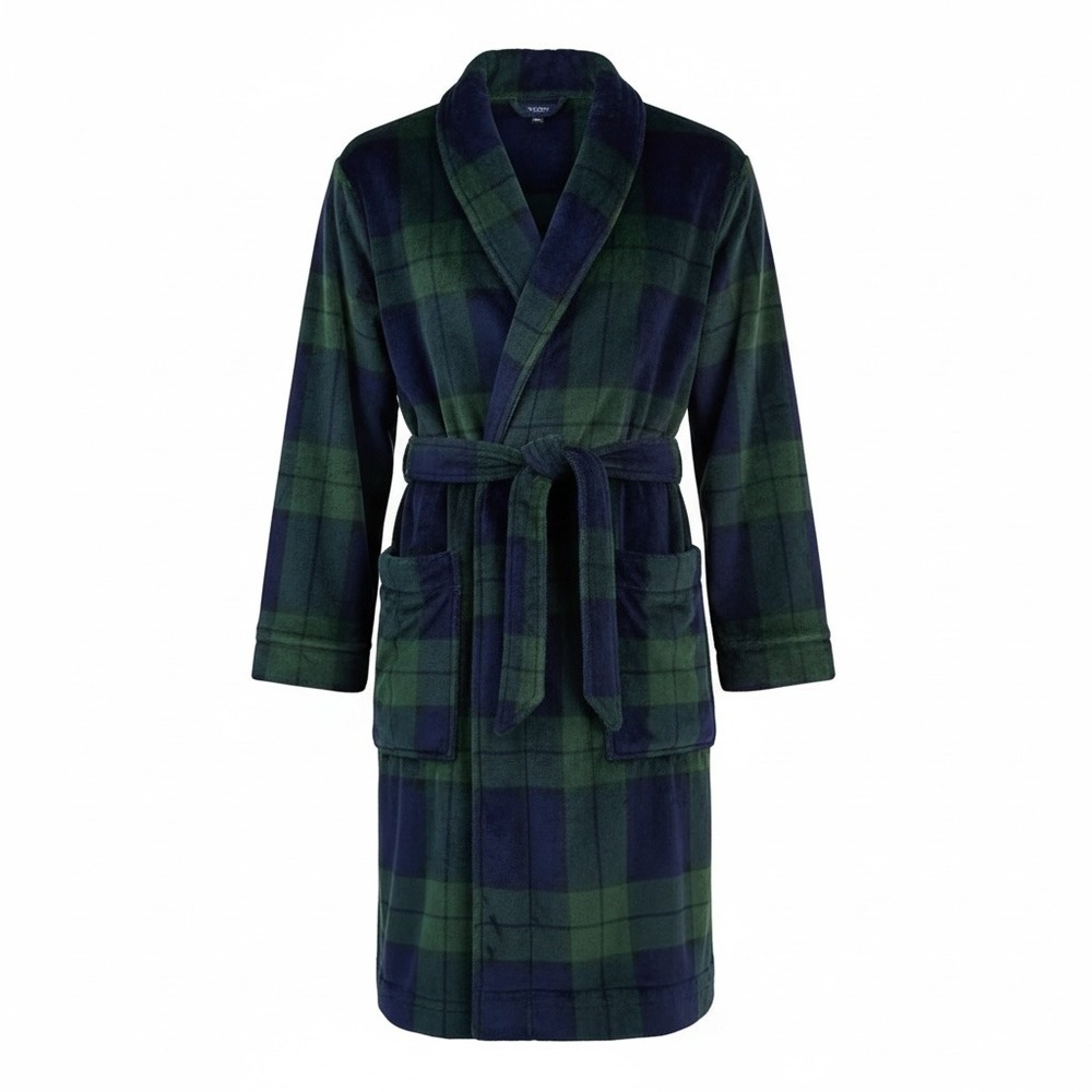 Club Room mens  Navy / Hunter Green Plaid Belted Plush Pajama‎ Robe L / XL